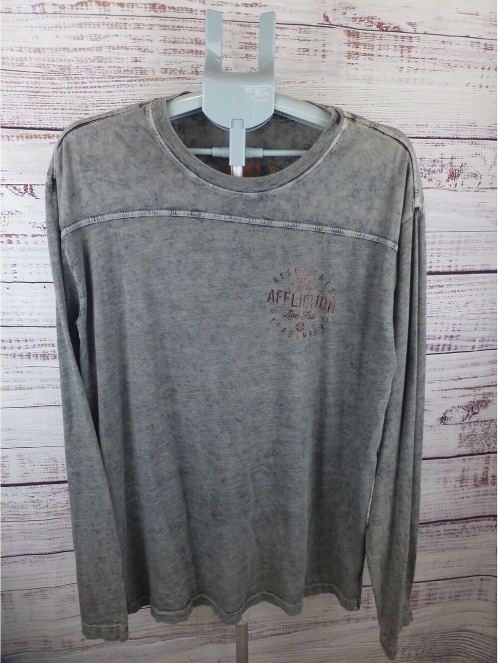 Affliction Men's Long XL Sleeve T-Shirt Washed Gray Graphic Crew Neck Live G5